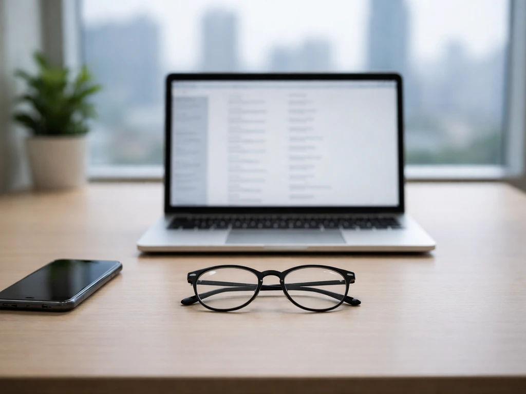 Minimal office desk with laptop and smartphone, blurred unreadable screen—symbolic name disambiguation.