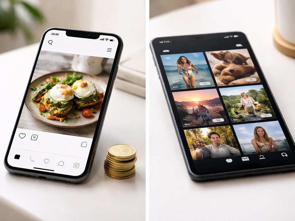 Minimal split-scene showing a phone with social media icons beside a monetary detail, symbolizing influencer sponsorship