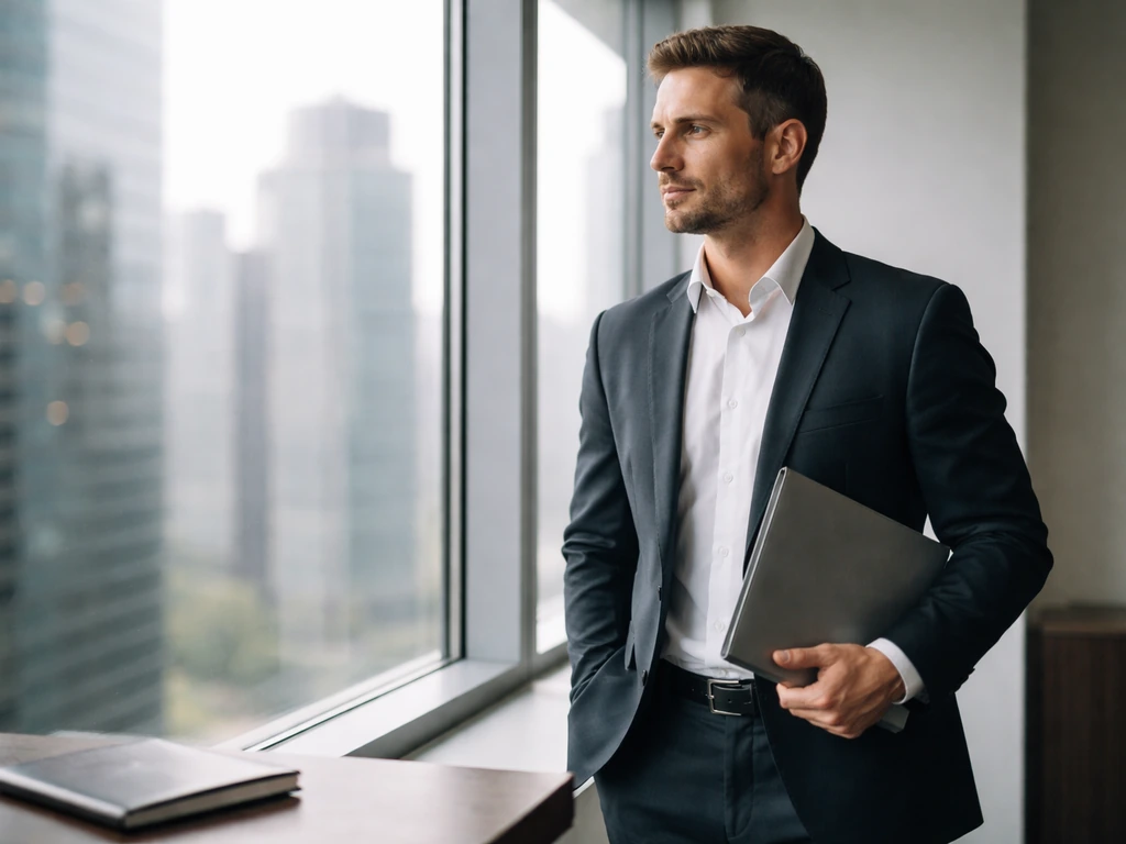Insurance executive Raul Vargas in a modern office, focused and confident, with soft daylight and neutral decor.