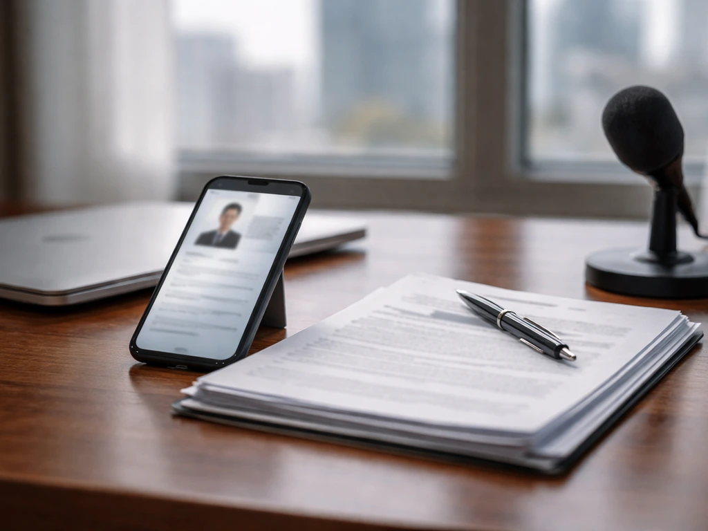 Minimal office scene with a smartphone showing a generic business profile-style layout, symbolizing executive research