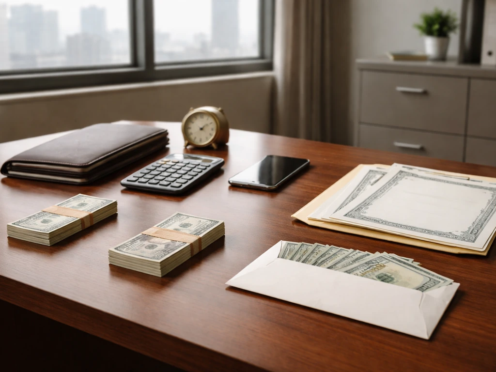 Insurance executive desk with money envelope, calculator, and laptop—symbolic wealth-building steps