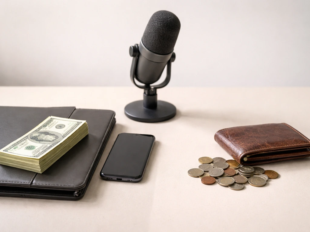 Two minimal desk scenes side-by-side: larger cash and portfolio on one side, coins and wallet on the other.