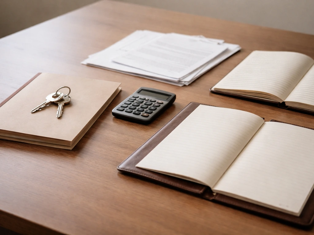 Deskside still life showing keys, a house deed folder, a calculator, and blurred finance papers with a shadowy ledger.