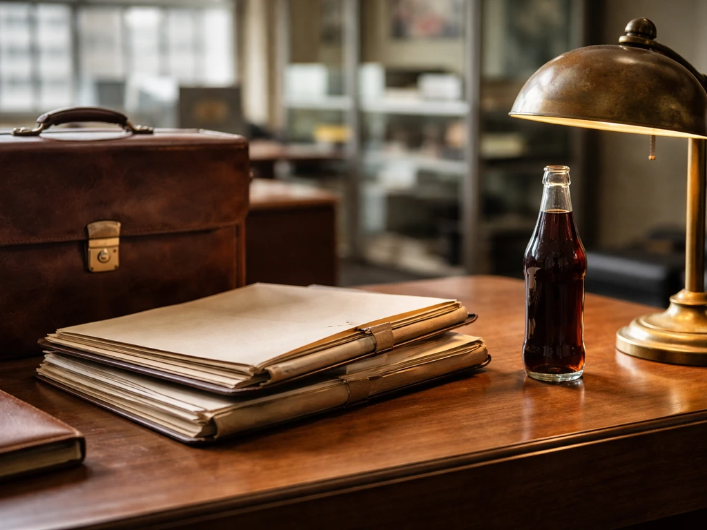 Vintage corporate office desk with briefcase and classic glass bottle, evoking a Coca-Cola career era.