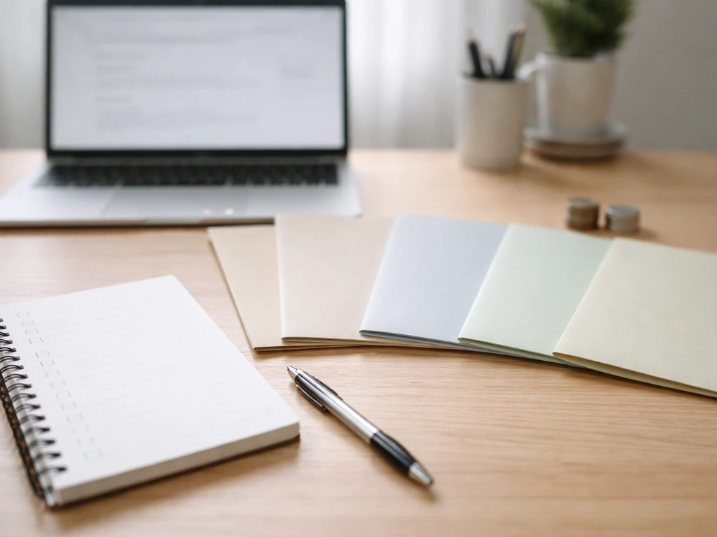 Minimal desk scene showing several anonymous financial reports and a notebook with a pen