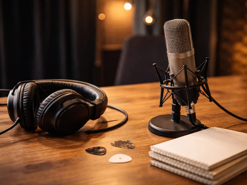 Studio desk with headphones and a microphone, symbolizing music fame and celebrity wealth curiosity.