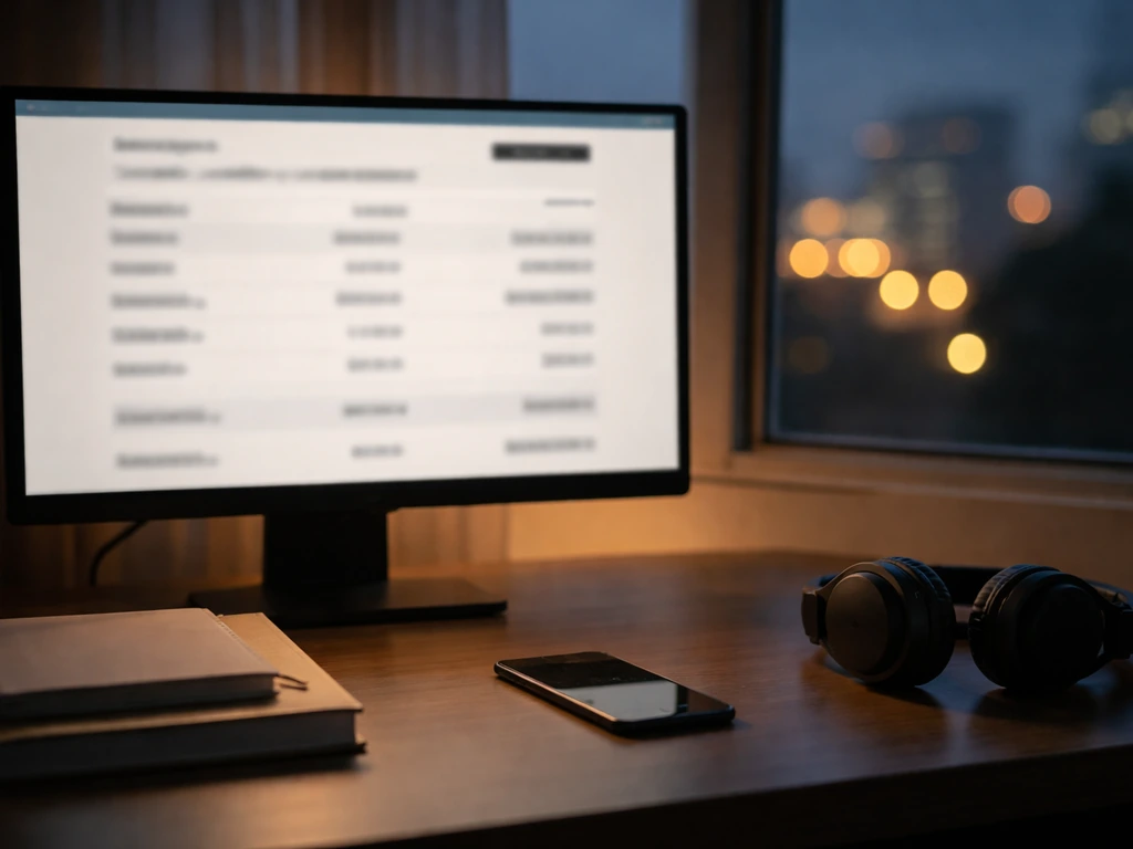 Minimal finance-themed desk scene with blurred estimate-like numbers on a monitor