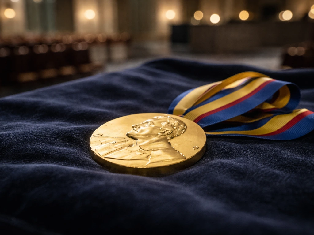 Close-up of a golden medal and ceremonial ribbon on a dark velvet surface with out-of-focus hall lights.