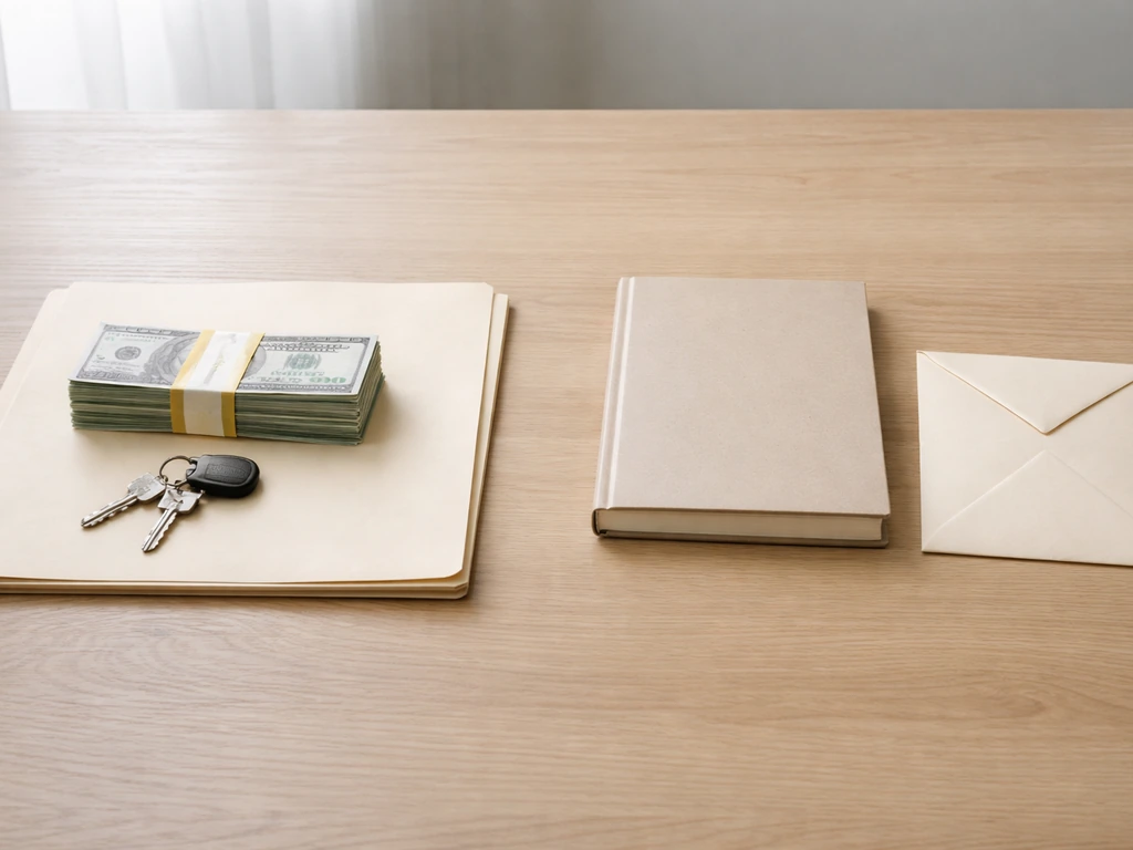 Minimal photo showing money and a closed document folder, symbolizing included versus excluded items in estimates.