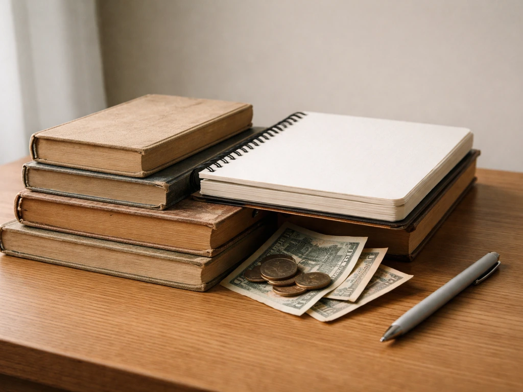 Minimal photo of a decade-spanning stack of old books and a modern notebook beside cash and a pen