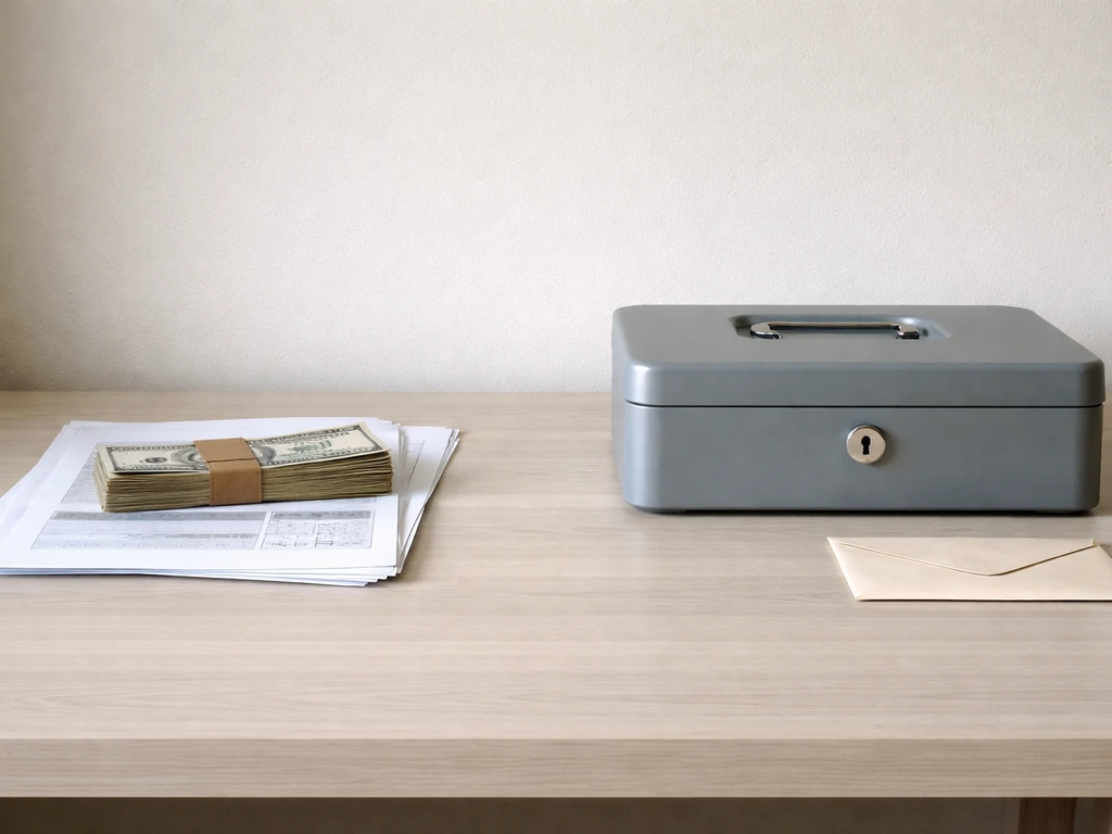 Minimal photo of a desk with scattered cash and documents beside a closed lockbox, symbolizing assets and debts.