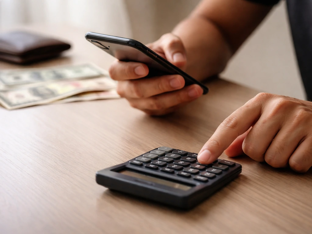 Hands hovering over a calculator with blurred MXN and USD currency symbols in the background