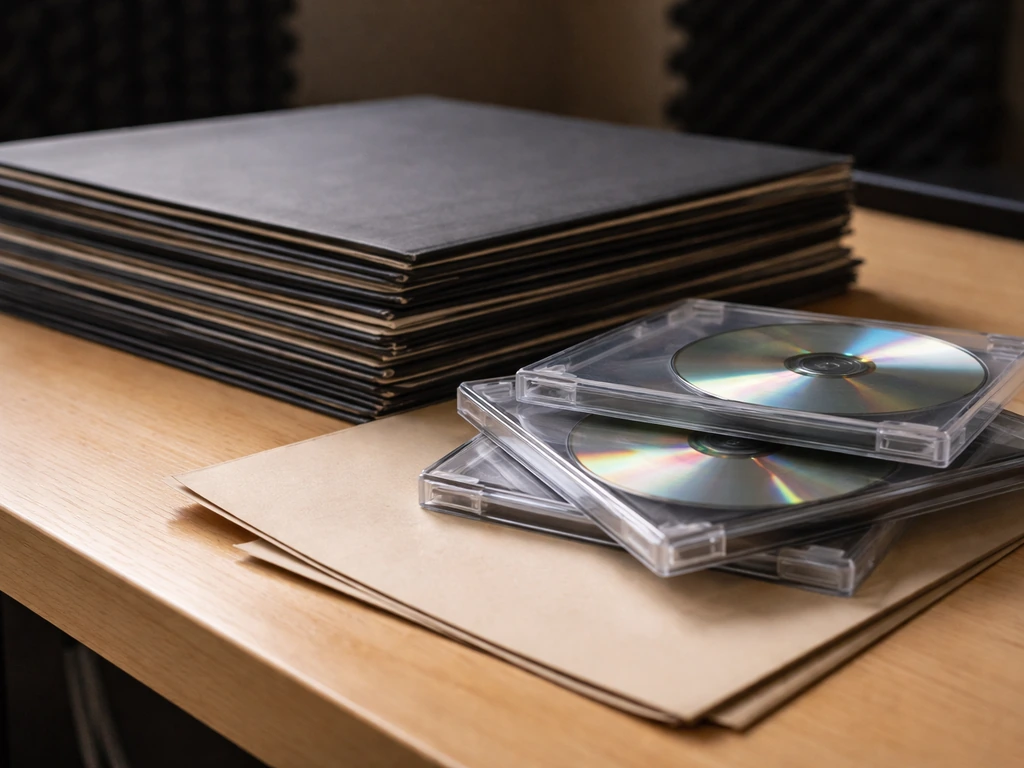 Close-up of stacked vinyl records and a few CD jewel cases on a clean studio table with a blank royalty folder.