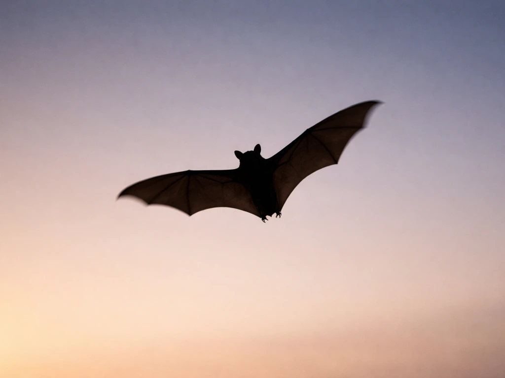A bat flying at dusk with clear wing-membrane shape silhouetted against a twilight sky.