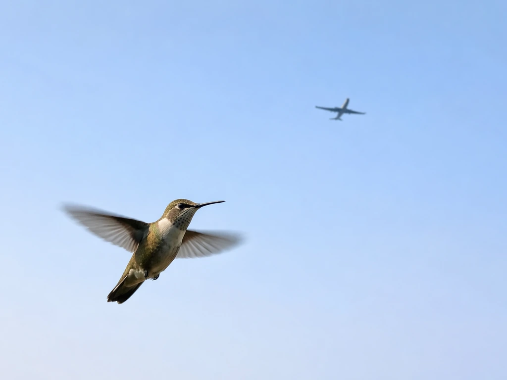 A small bird mid-wingbeat hovering low beside a distant passenger airplane gliding steadily