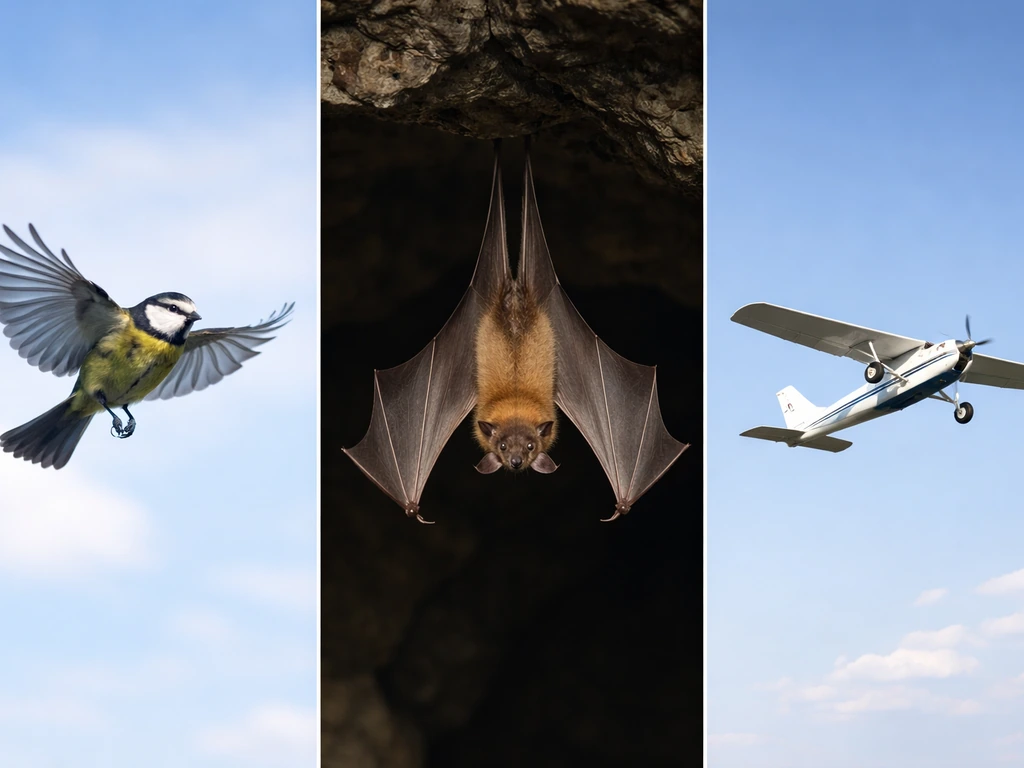 Side-by-side view showing a bird, a bat, and a plane with simple wing cues