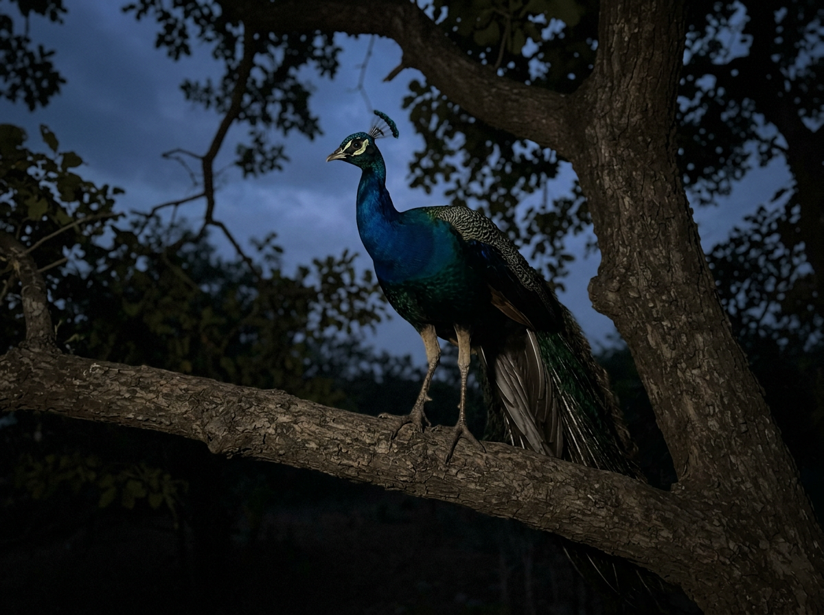 Side view showing peacock’s functional wings and tail train on the ground