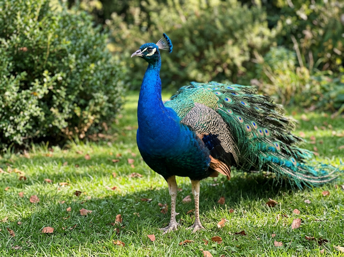 Peacock perched on a branch at dusk, showing roosting behavior