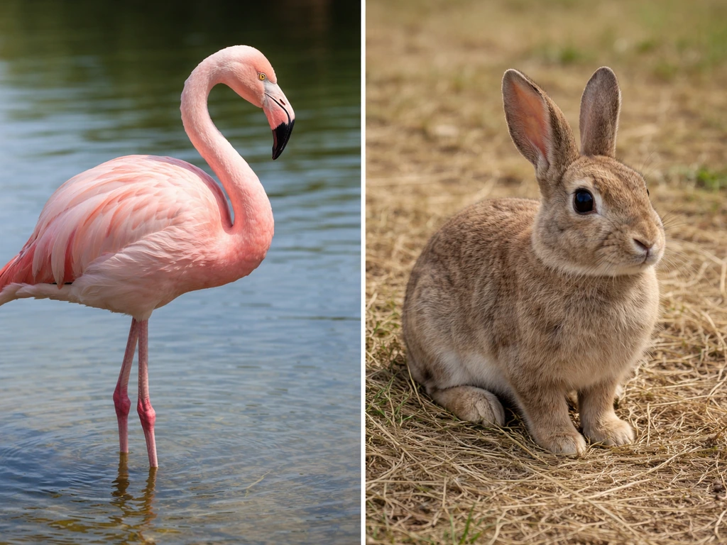 Flamingo in shallow water beside a small rabbit on grass, contrasting feathers vs fur.