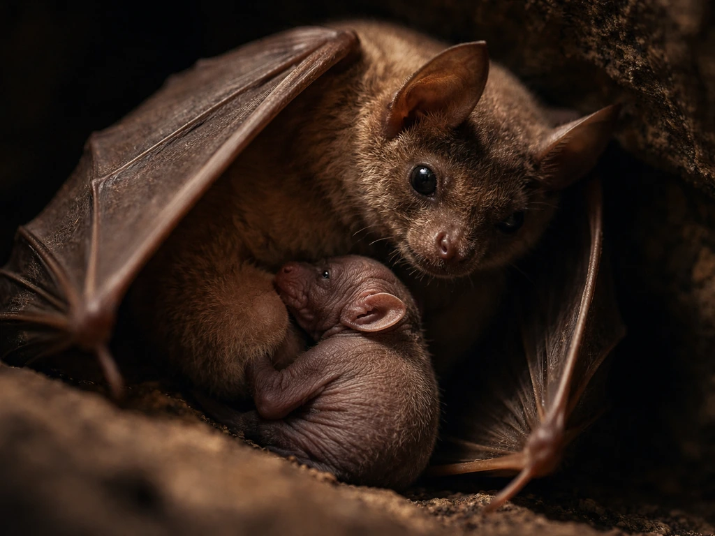 Close-up of a small bat pup nursing from an adult bat in a dark natural roost