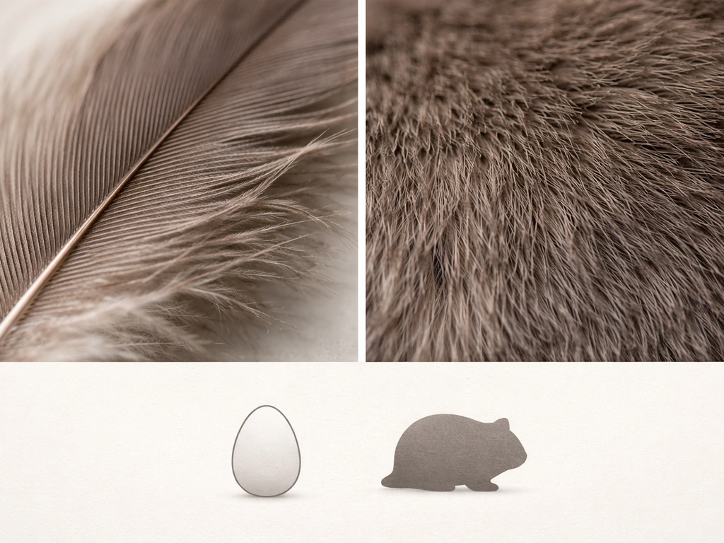 Macro closeups of a feather and fur next to simple bird vs non-bird silhouettes on a plain background.