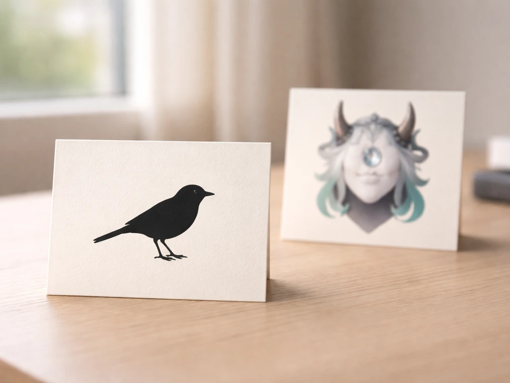 A bird silhouette on a card beside an abstract Genshin-style accessory on a desk.