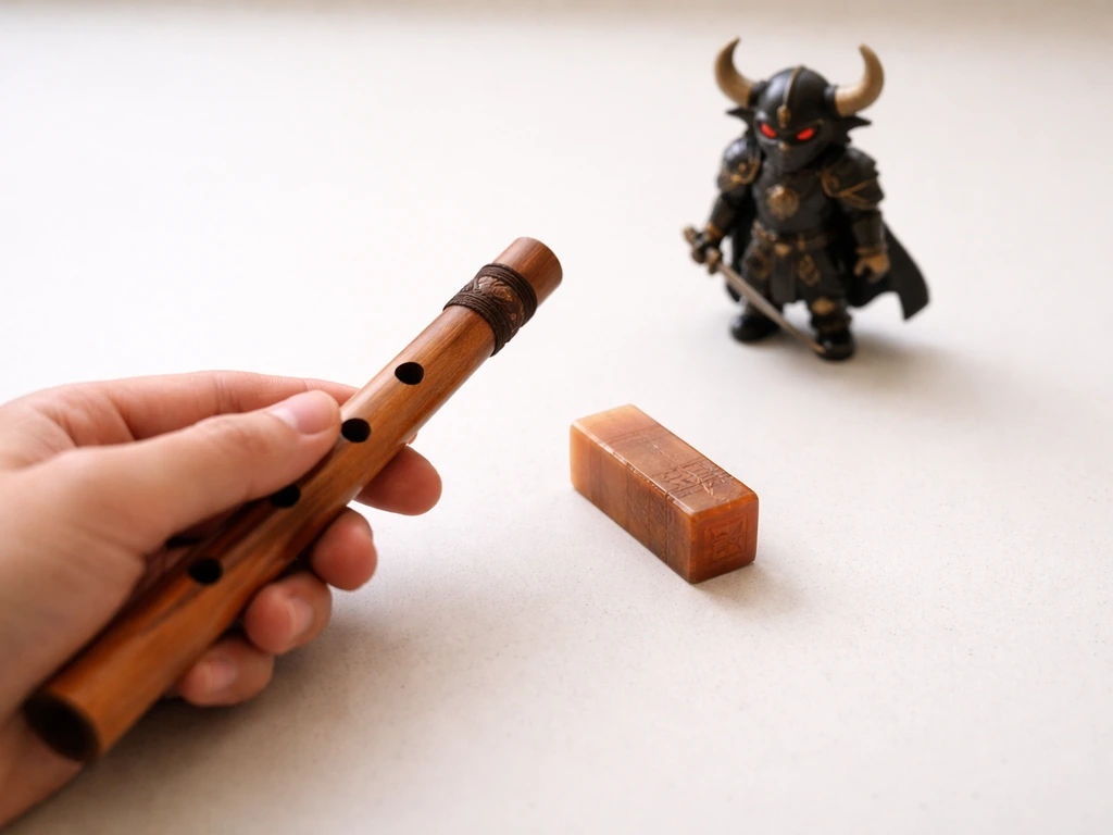 Wooden xiao flute on a simple desk beside a seal stamp and a generic horned toy figure.