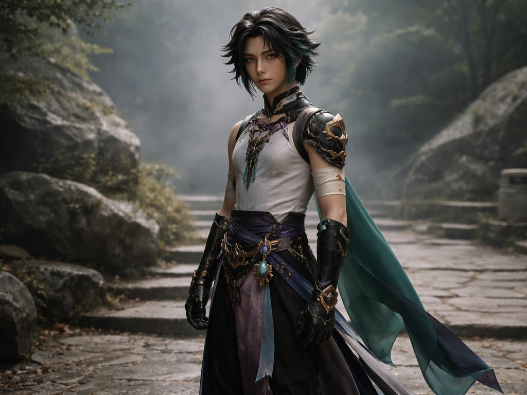 Xiao from Genshin Impact in a quiet Liyue-like rocky courtyard, showing his character look—not a bird.
