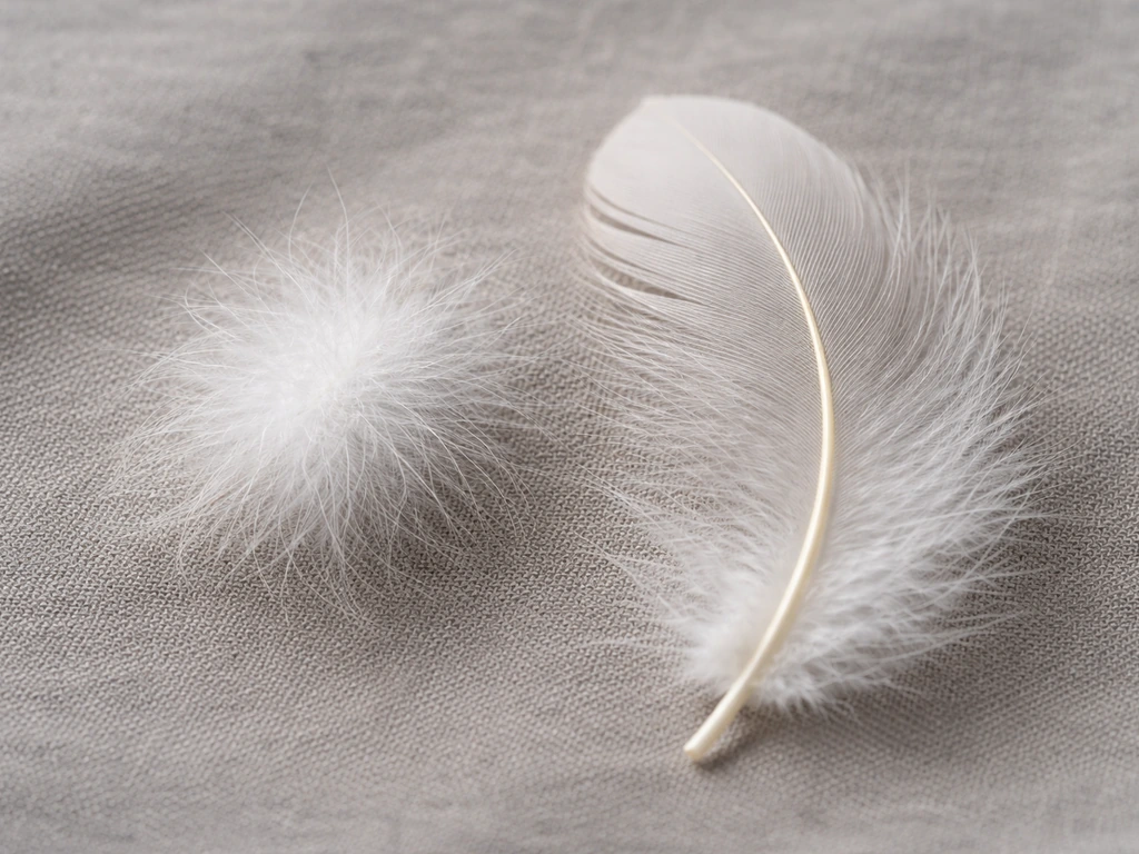 Close-up of down and contour feathers on gray fabric, highlighting fine feather structure.