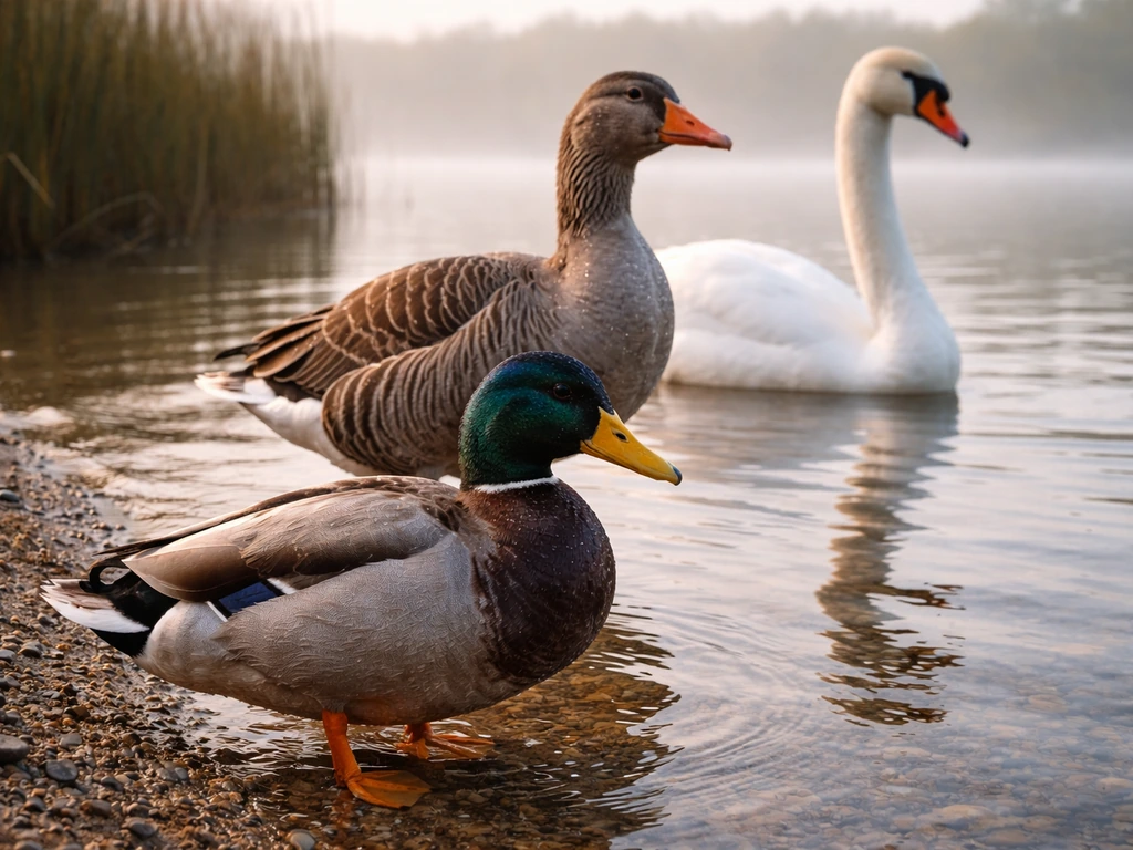 Three waterfowl—duck, goose, and swan—on a calm pond, showing related Anatidae types.