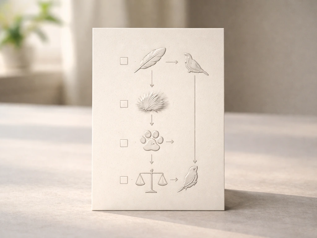 Minimal checklist card showing feather, fur, and scale decision path to identify a bird.