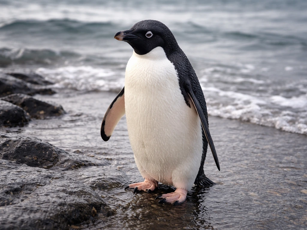 Single penguin on a rocky shore, compact waterproof feathers and flipper-like wings visible.