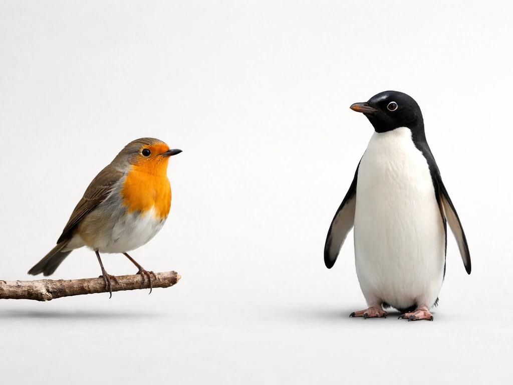 Two birds, a robin and a penguin, separated by a simple neutral background for a quick comparison feel.
