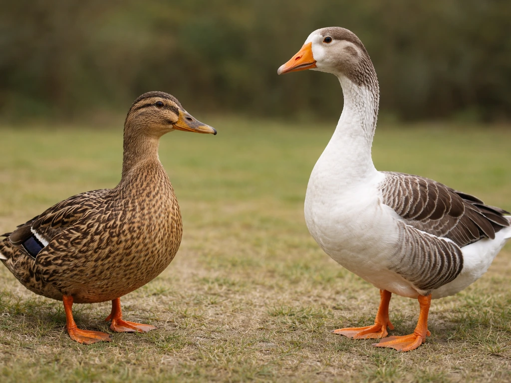 Side-by-side close-up of a duck and a goose showing different neck and beak shapes.