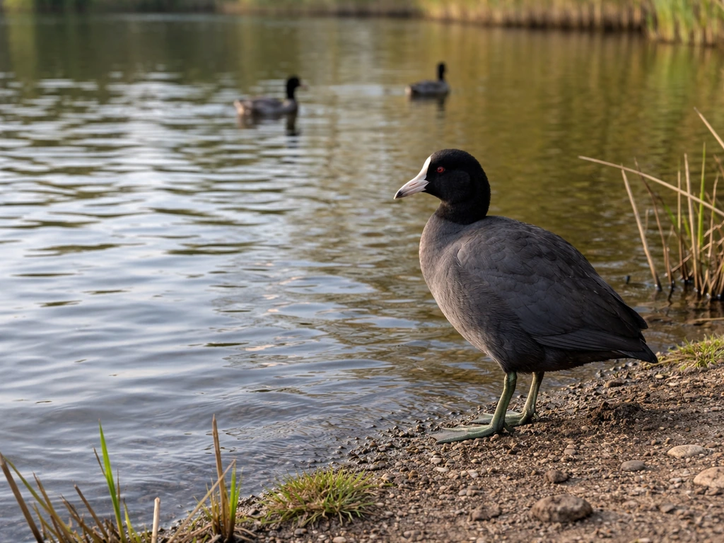 A coot-like waterbird standing on a calm pond, with distant ducks in soft focus