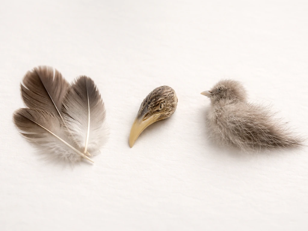 Close-up of layered feathers, a shed beak, and a simple bird body form on a neutral surface.