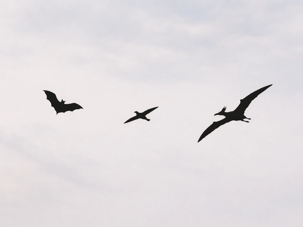 Minimal photo-style silhouettes of a bat, a bird, and a gliding pterosaur-like creature on a pale sky.