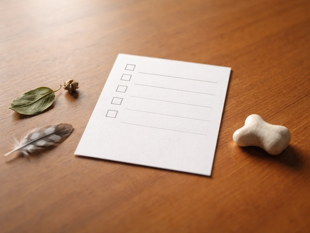 Close-up of a simple tabletop checklist card with natural objects suggesting plant and animal classification.