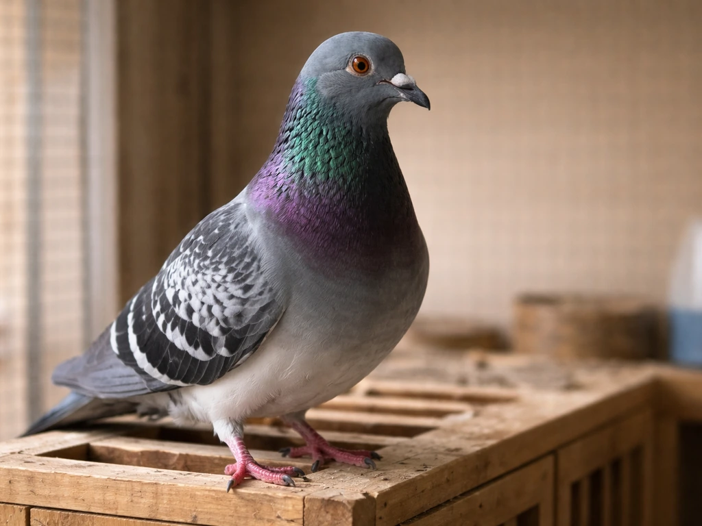 Close-up of a domesticated fancy pigeon perched in a simple breeder setup, softly blurred background.