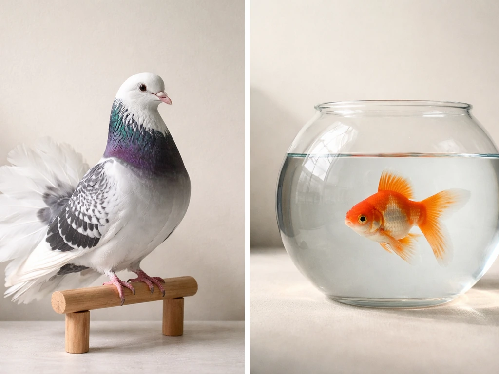 Split-style photo showing a fancy pigeon beside a non-bird goldfish in a clean, minimal room setting.