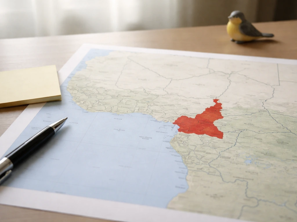 Close-up map of Africa with Cameroon highlighted; blank note and pen, bird figurine blurred in corner.