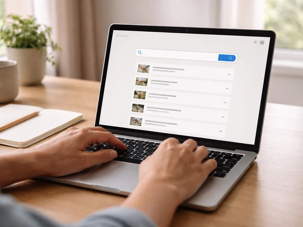 Close-up of a hand typing into a laptop search bar for eBird, with a species results page visible.