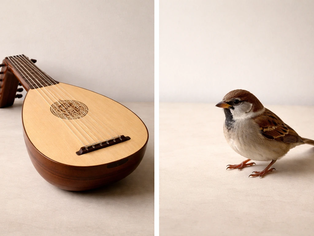 Split image showing a lute on one side and a small sparrow on the other against a simple background.