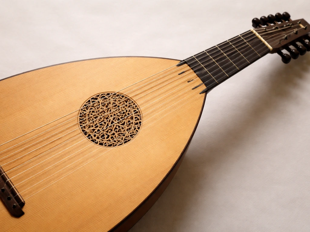Close-up of a wooden lute showing the sound hole, strings, neck, and tuning pegs.