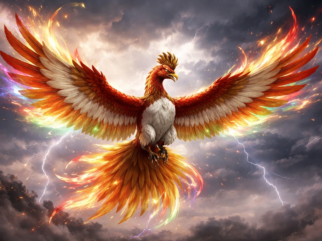Legendary bird-like creature with gold-red feathers, wings spread, rainbow flames and distant lightning sky.