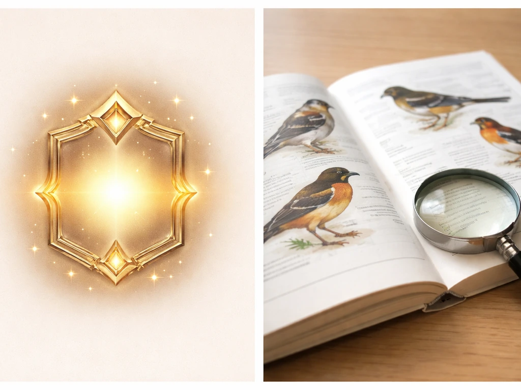 Split image: glowing “Legendary” badge concept on one side and a bird field guide with magnifier on the other.