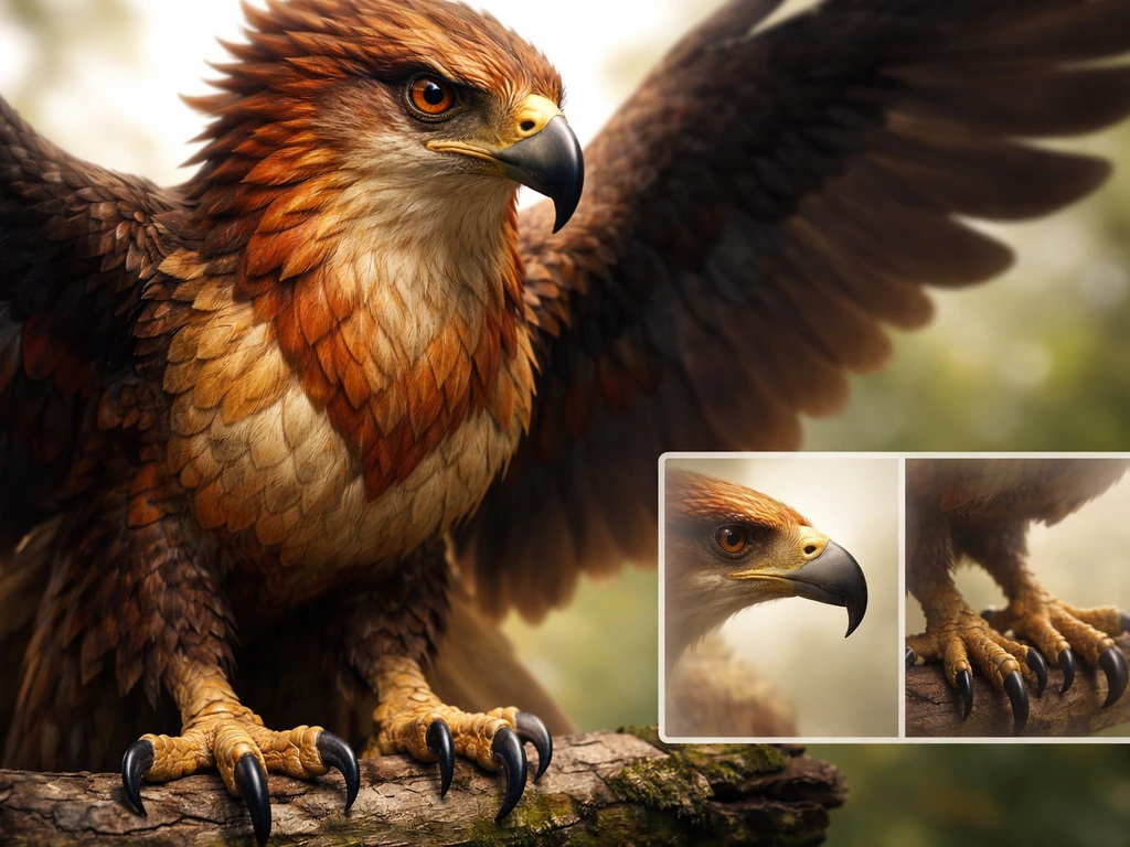 Close-up of a colorful bird-like creature’s beak, talons, and layered feathers with a small anatomy comparison.
