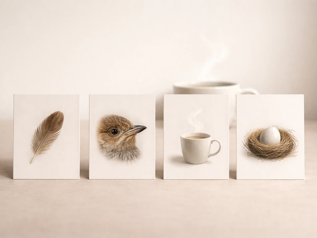 Four simple panels on a tabletop showing feather, beak/wing detail, warmth cue, and a nest with egg.