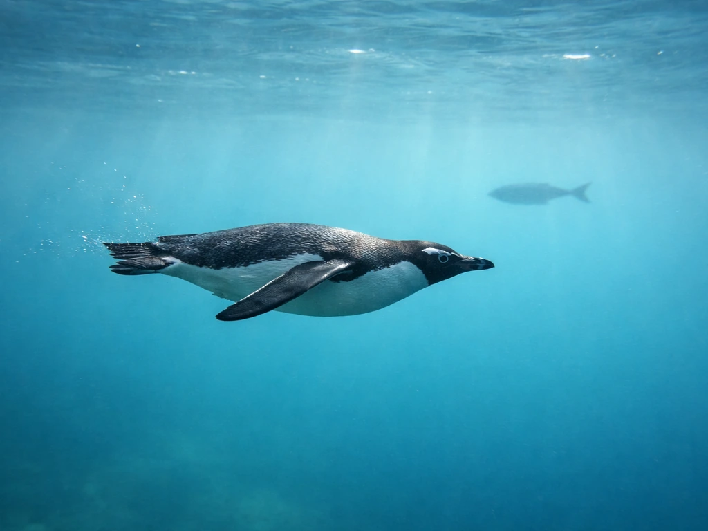 Penguin swimming underwater with a blurred fish silhouette background showing streamlined similarity.