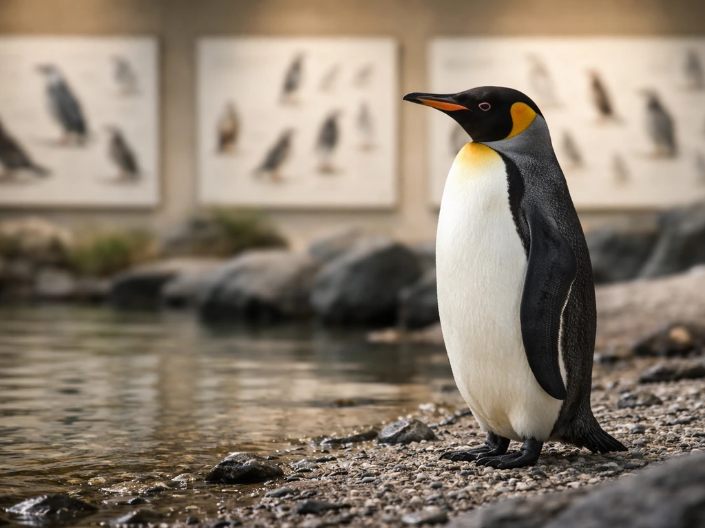Close-up of a penguin in a simple natural setting beside blurred museum-like taxonomy displays